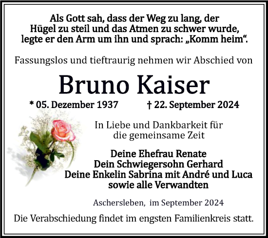 Traueranzeige von Bruno Kaiser von Trauerkombi Aschersleben