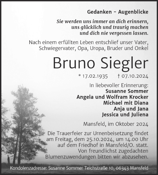 Traueranzeige von Bruno Siegler von Trauerkombi Mansfelder Land