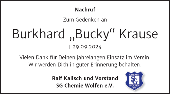 Traueranzeige von Burkhard Krause von Trauerkombi Bitterfeld