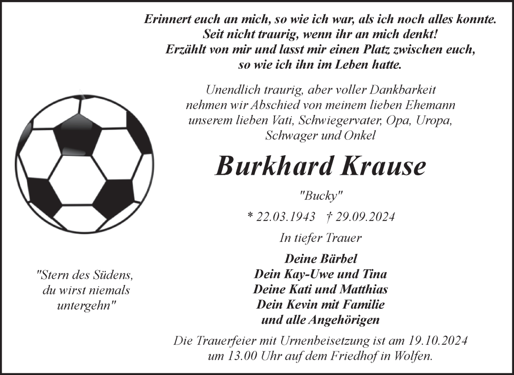  Traueranzeige für Burkhard Krause vom 05.10.2024 aus Trauerkombi Bitterfeld