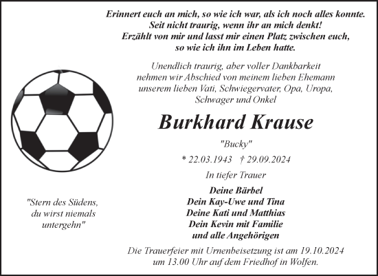 Traueranzeige von Burkhard Krause von Trauerkombi Bitterfeld