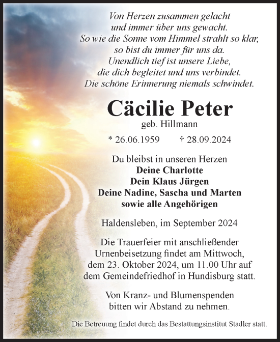 Traueranzeige von Cäcilie Peter von Volksstimme Haldensleben/Wolmirstedt