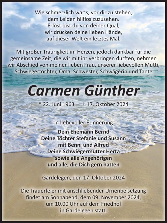 Traueranzeige von Carmen Günther von Volksstimme Altmark West
