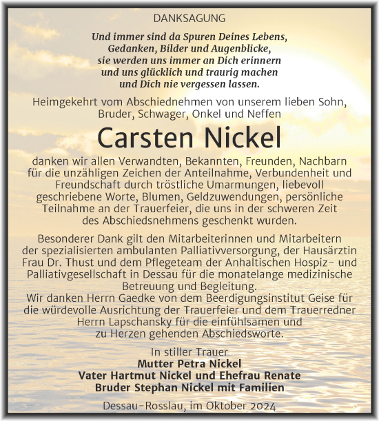 Traueranzeige von Carsten Nickel von Trauerkombi Dessau