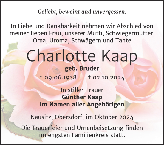 Traueranzeige von Charlotte Kaap von Trauerkombi Sangerhausen