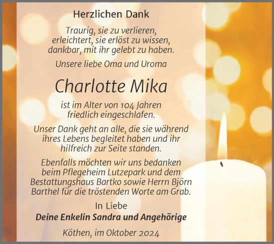 Traueranzeige von Charlotte Mika von Trauerkombi Köthen