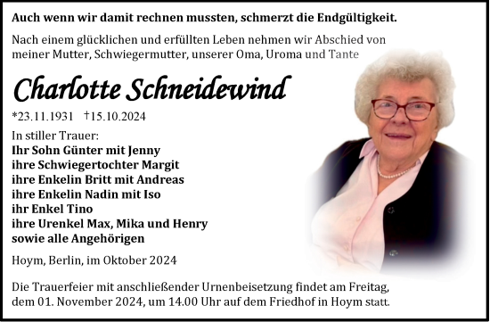 Traueranzeige von Charlotte Schneidewind von Trauerkombi Aschersleben
