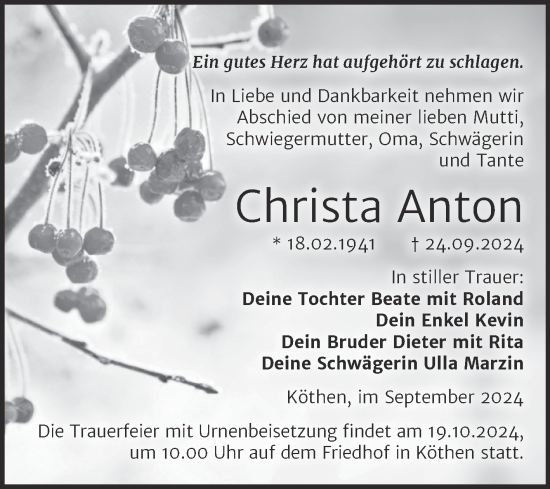 Traueranzeige von Christa Anton von Trauerkombi Köthen