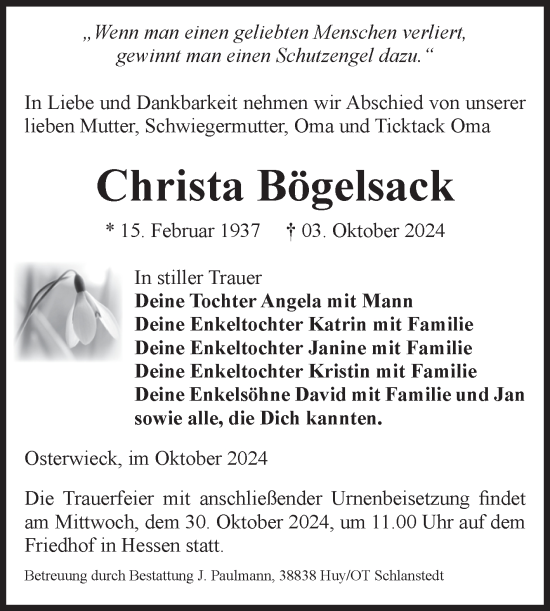 Traueranzeige von Christa Bögelsack von Volksstimme Halberstadt