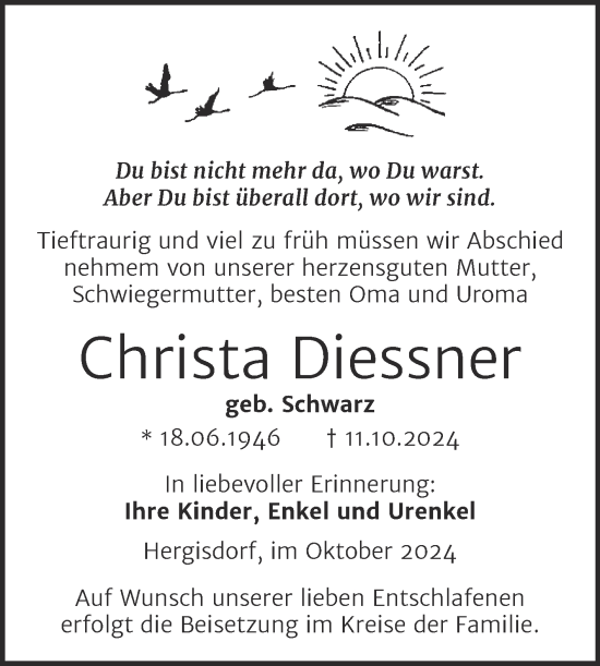 Traueranzeige von Christa Diessner von Trauerkombi Mansfelder Land