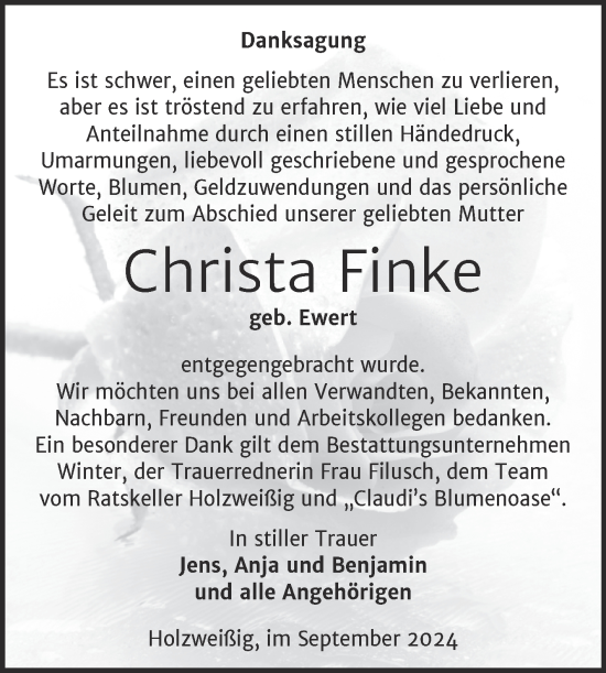 Traueranzeige von Christa Finke von Trauerkombi Bitterfeld