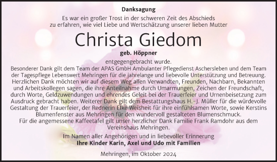 Traueranzeige von Christa Giedom von Trauerkombi Aschersleben