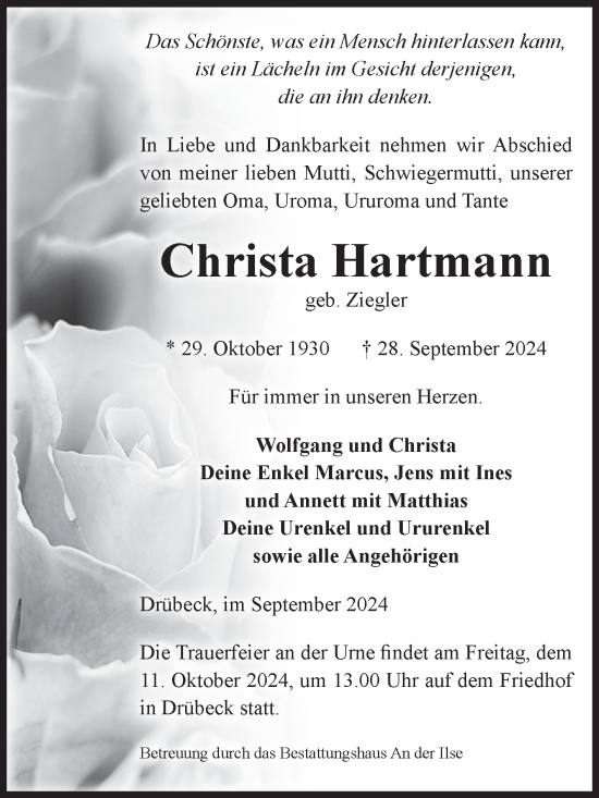 Traueranzeige von Christa Hartmann von Volksstimme Wernigerode