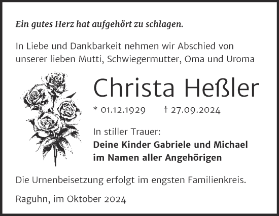 Traueranzeige von Christa Heßler von Trauerkombi Bitterfeld