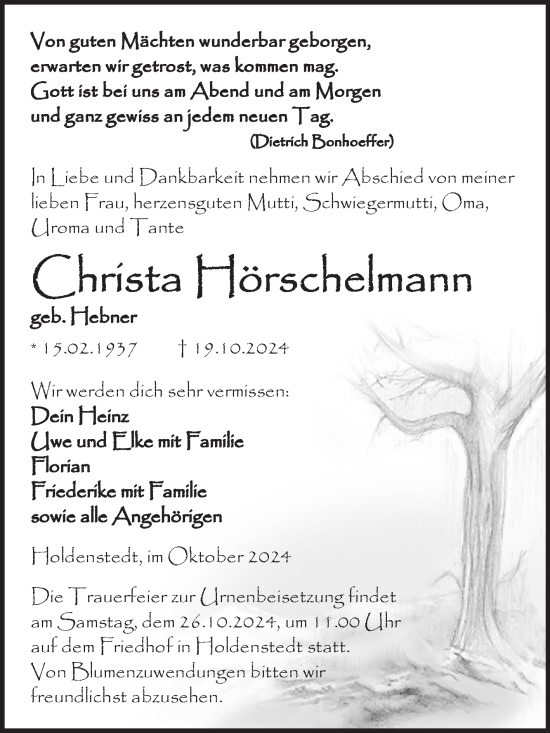 Traueranzeige von Christa Hörschelmann von Trauerkombi Sangerhausen