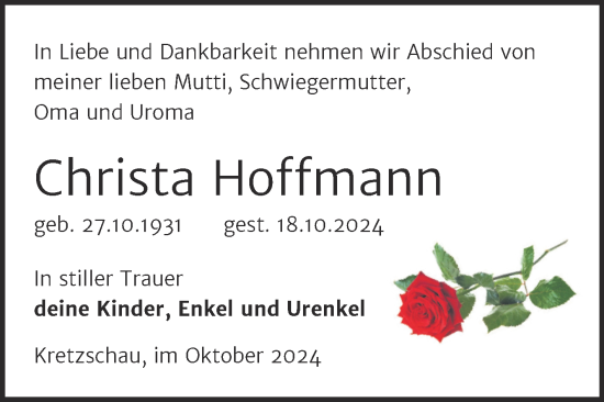 Traueranzeige von Christa Hoffmann von Trauerkombi Zeitz