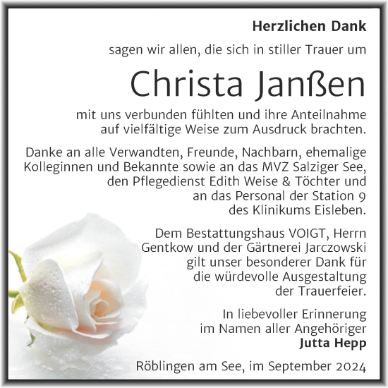 Traueranzeige von Christa Janßen von Trauerkombi Mansfelder Land