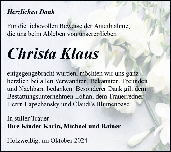 Traueranzeige von Christa Klaus von Trauerkombi Bitterfeld