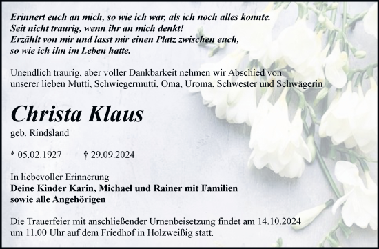 Traueranzeige von Christa Klaus von Trauerkombi Bitterfeld