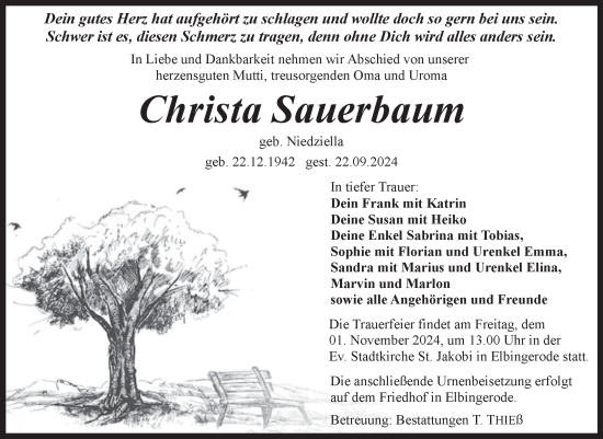 Traueranzeige von Christa Sauerbaum von Volksstimme Wernigerode