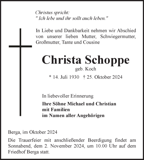 Traueranzeige von Christa Schoppe von Mitteldeutsche Zeitung Sangerhausen