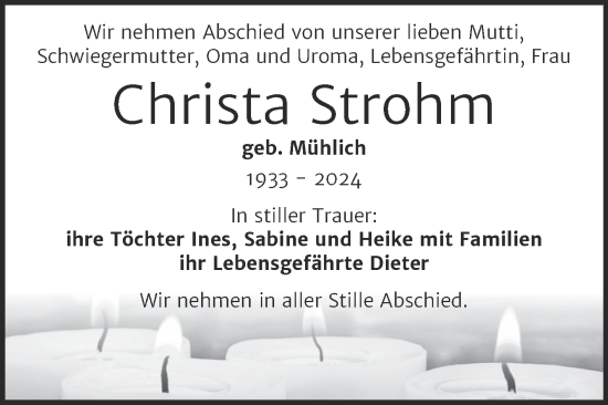 Traueranzeige von Christa Strohm von Trauerkombi Weißenfels
