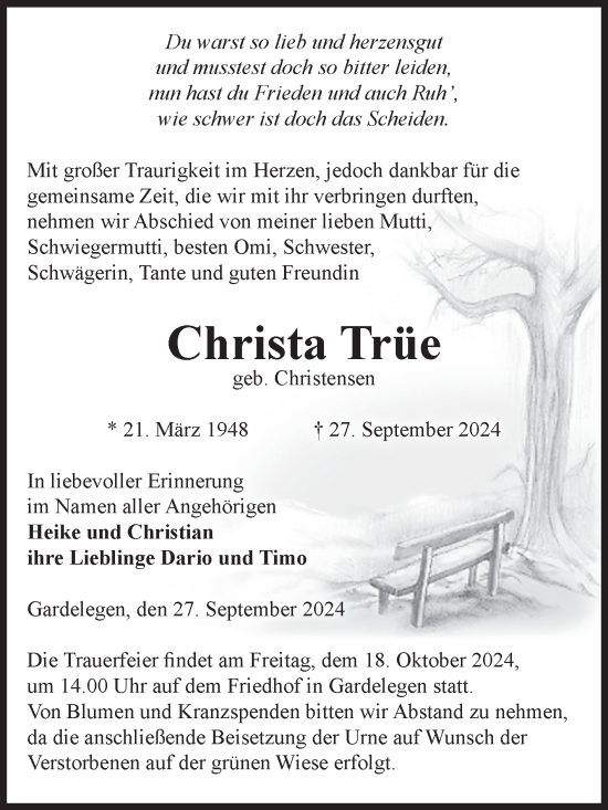 Traueranzeige von Christa Trüe von Volksstimme Altmark West