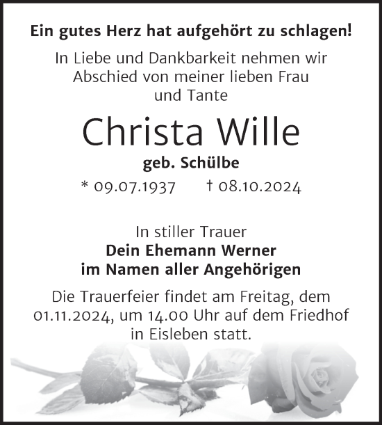 Traueranzeige von Christa Wille von Mitteldeutsche Zeitung Mansfelder Land