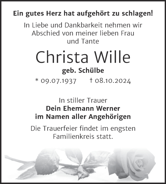 Traueranzeige von Christa Wille von Trauerkombi Mansfelder Land