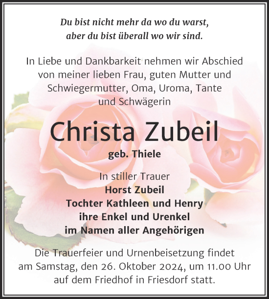Traueranzeige von Christa Zubeil von Trauerkombi Mansfelder Land