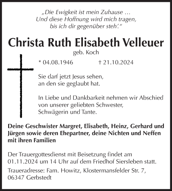 Traueranzeige von Christa Ruth Elisabeth Velleuer von Trauerkombi Mansfelder Land