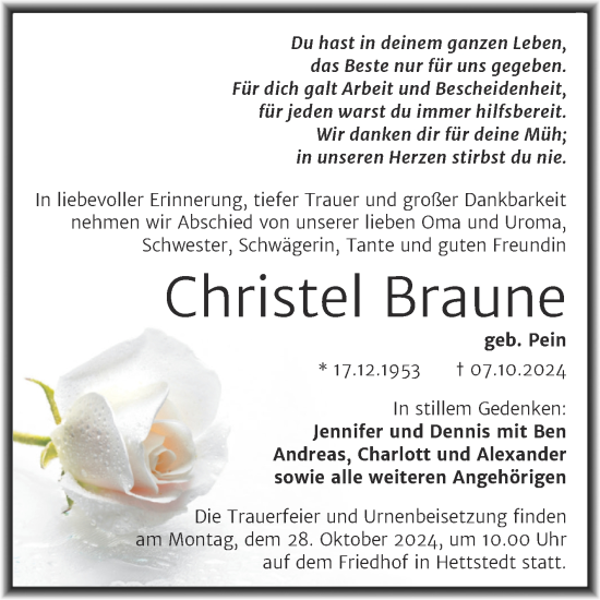 Traueranzeige von Christel Braune von Trauerkombi Mansfelder Land