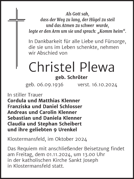 Traueranzeige von Christel Plewa von Trauerkombi Mansfelder Land