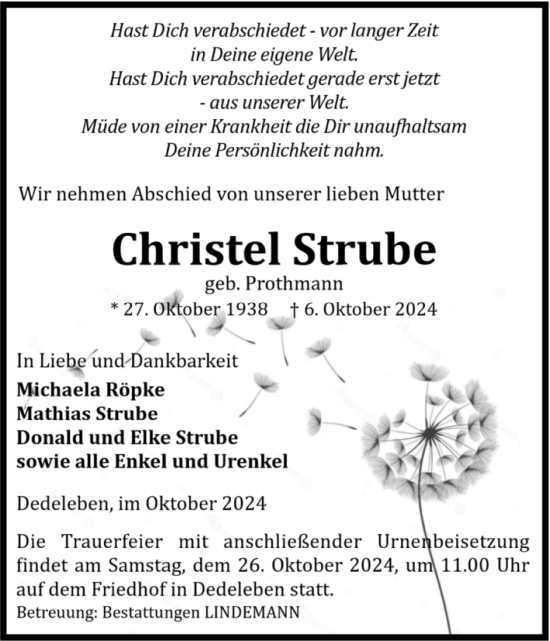 Traueranzeige von Christel Strube von Volksstimme Halberstadt