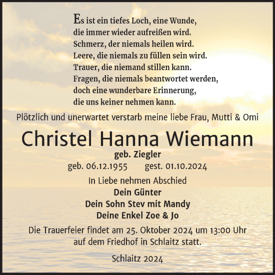 Traueranzeige von Christel Hanna Wiemann von Trauerkombi Bitterfeld