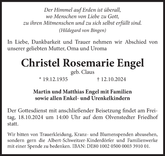Traueranzeige von Christel Rosemarie Engel von Volksstimme Magdeburg