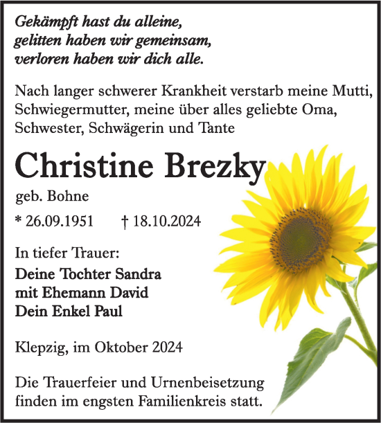 Traueranzeige von Christine Brezky von Trauerkombi Köthen
