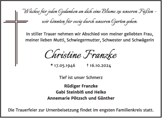Traueranzeige von Christine Franzke von Trauerkombi Köthen