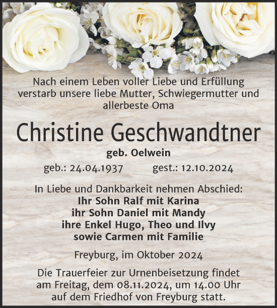 Traueranzeige von Christine Geschwandtner von Naumburger Tageblatt