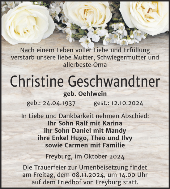 Traueranzeige von Christine Geschwandtner von Super Sonntag Naumburg/Nebra