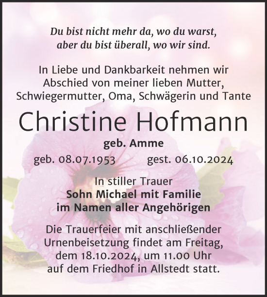 Traueranzeige von Christine Hofmann von Trauerkombi Sangerhausen