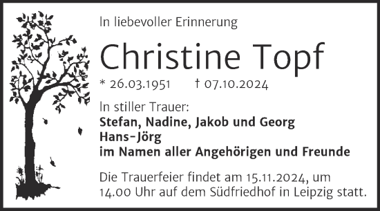 Traueranzeige von Christine Topf von Trauerkombi Aschersleben