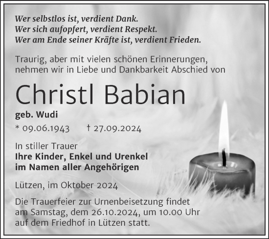 Traueranzeige von Christl Babian von Trauerkombi Weißenfels