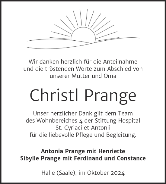 Traueranzeige von Christl Prange von Mitteldeutsche Zeitung Halle/Saalkreis