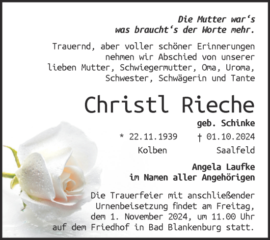 Traueranzeige von Christl Rieche von Volksstimme Wernigerode