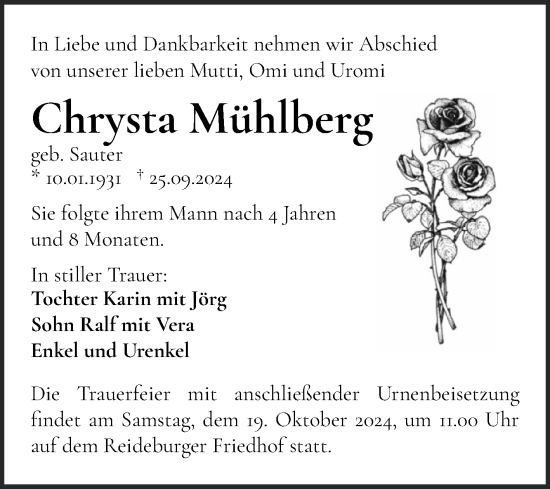 Traueranzeige von Chrysta Mühlberg von Mitteldeutsche Zeitung Halle/Saalkreis