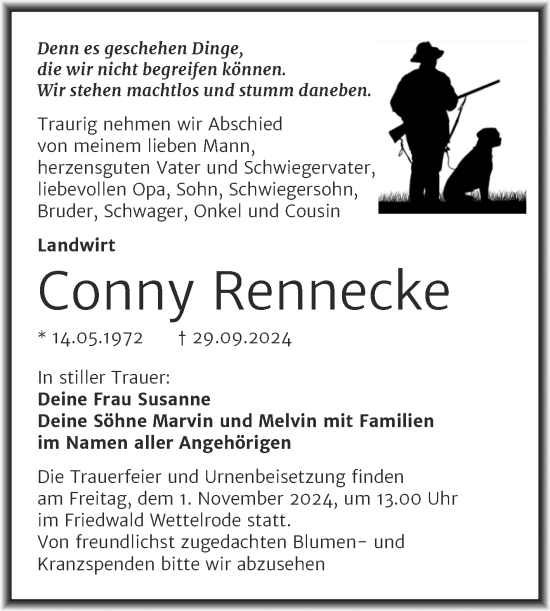 Traueranzeige von Conny Rennecke von Trauerkombi Mansfelder Land