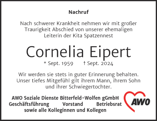 Traueranzeige von Cornelia Eipert von SuperSonntag Bitterfeld