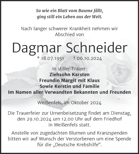 Traueranzeige von Dagmar Schneider von Trauerkombi Weißenfels