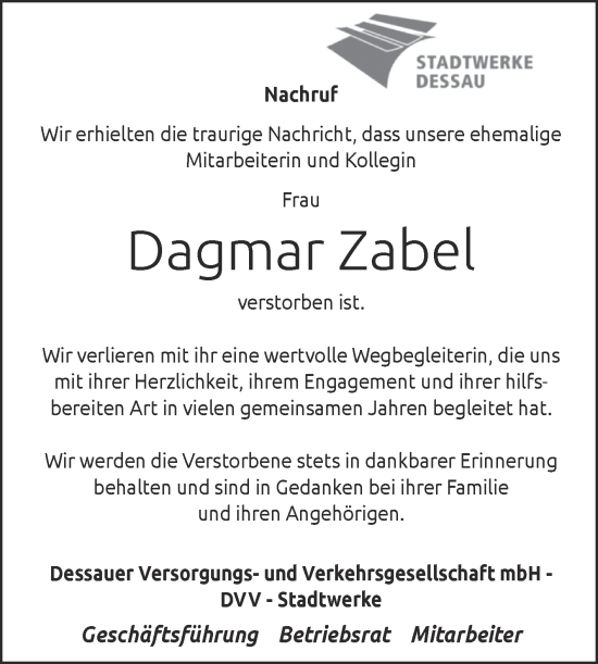 Traueranzeige von Dagmar Zabel von Super Sonntag Dessau-Roßlau